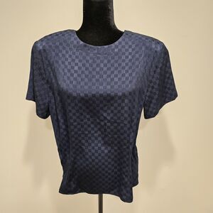 Vintage Deadstock Blouse Top Damier Blue Short Sleeve 12 Womens Shoulder Pads